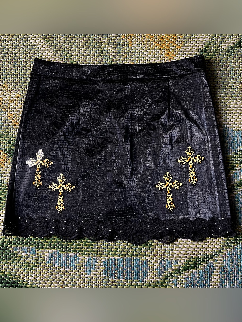 ROCKSTAR ORIGINAL Black Faux Leather Mini Skirt with Gold Crosses